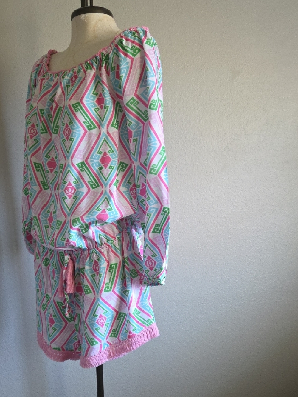 Macbeth Collection by Margaret Josephs Pink, Green & White Off-Shoulder Romper - Picture 4 of 6